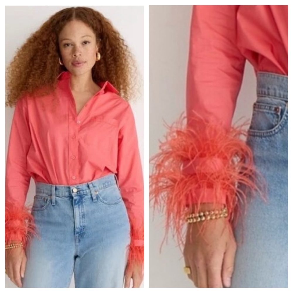 NWT! J. Crew Collection cotton poplin feather trim buttondown coral